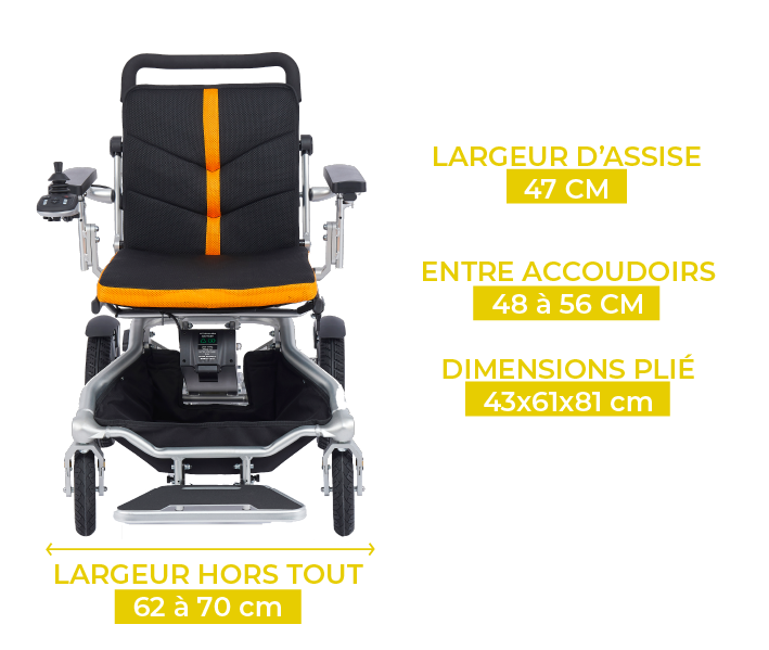 Fauteuil roulant électrique pliable Travel Max en taille standard pour grands gabarits.