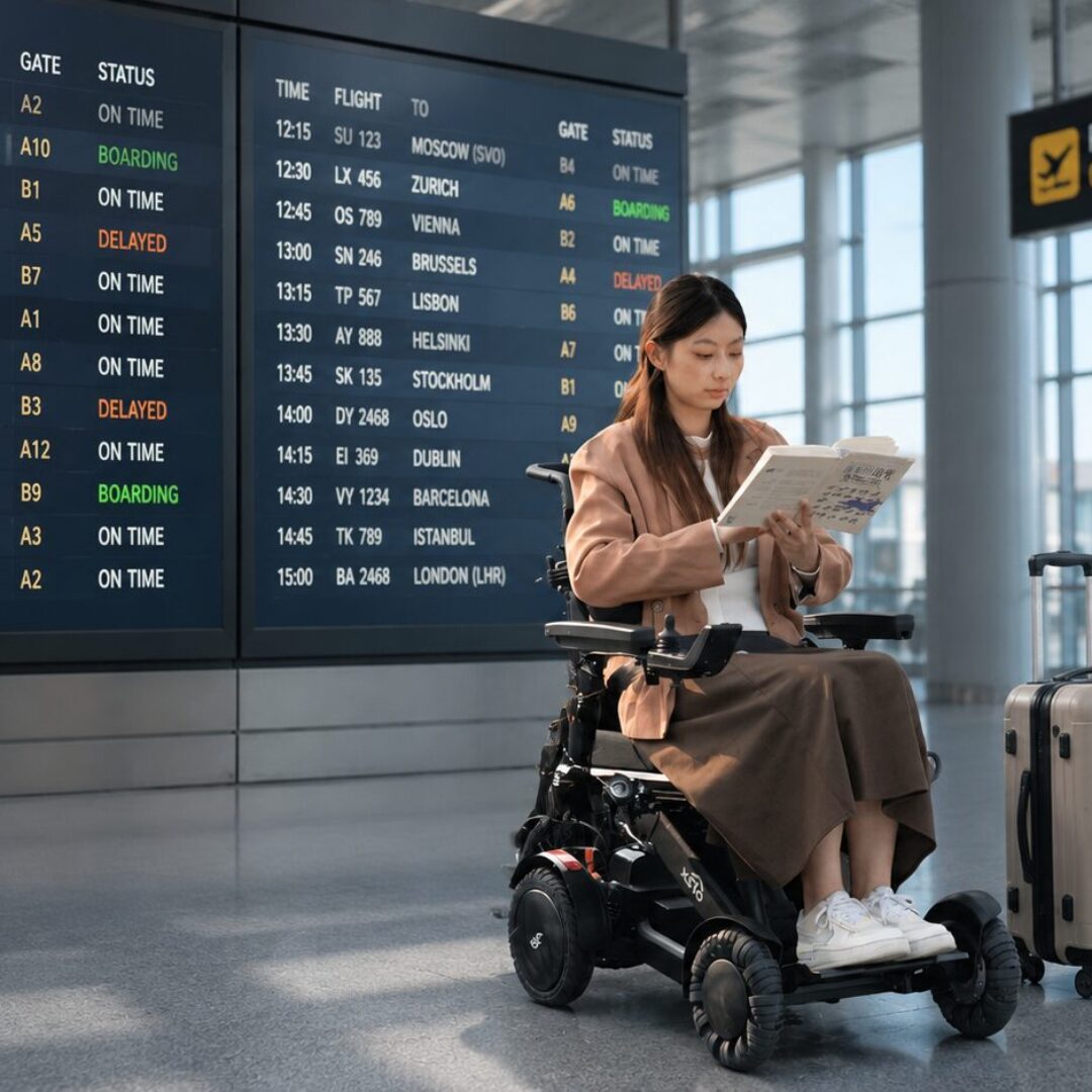 Femme en fauteuil roulant électrique dans un aéroport avec une valise — voyager en avion avec un fauteuil roulant Acekare